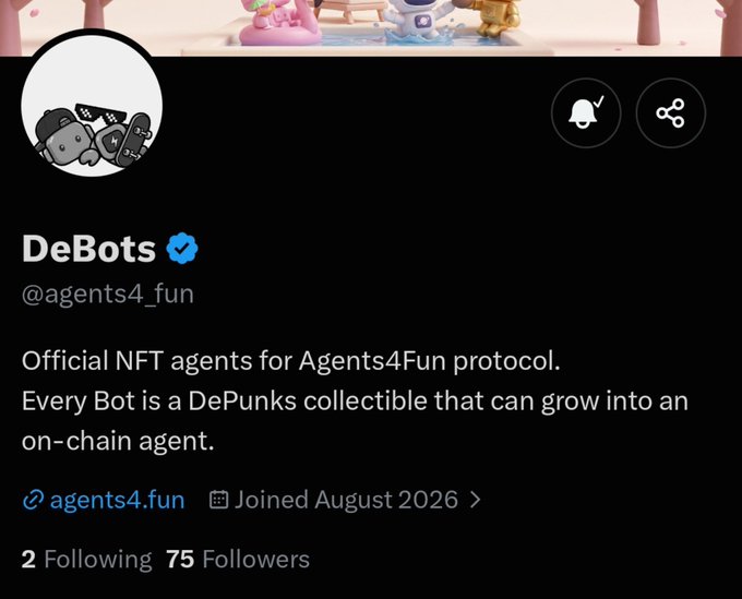 A Twitter/X profile page for DeBots (@agents4_fun), the official NFT agent collection for the Agents4Fun protocol, showing a verified badge, 75 followers, and a bio describing each bot as a DePunks collectible that can evolve into an on-chain agent. The profile relates to the post by showcasing the official account of the project, which offers allowlist spots to holders who burn their Base Depunks NFTs ahead of the FCFS mint.