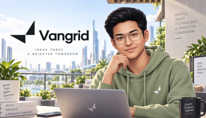 A digital illustration shows a young man with glasses wearing a green Vangrid hoodie, working on a laptop on a balcony with a city skyline in the background. The Vangrid logo appears prominently alongside the tagline 'IDEAS TODAY A BRIGHTER TOMORROW.'