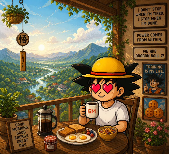 A pixel-art style illustration of a Goku-like character with heart-shaped sunglasses enjoying a breakfast of eggs and toast at a scenic mountain overlook, surrounded by motivational signs including "POWER COMES FROM WITHIN" and "WE ARE DRAGON BALL Z!".