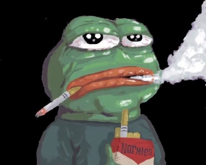 A dejected Pepe the Frog smoking a cigarette and holding a pack of "Normies" cigarettes. The image reinforces the "gm frens" greeting by portraying the classic early-internet meme character in a worn-out, relatable mood that fits the casual crypto/internet culture tone.
