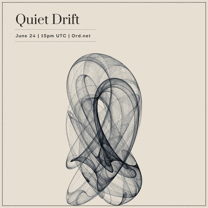 The image features a poster for an event called "Quiet Drift" scheduled for Saturday, June 24th at 15:00. The poster displays a black and white illustration of a spiral shape that appears to be made up of lines or curves. This abstract art piece is accompanied by text providing information about the event, including the date, time, and location.