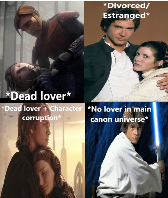 A four-panel Star Wars meme describes Anakin Skywalker's tragic romantic history: "Dead lover" (Padmé with him after her death), "Divorced/Estranged" (Han and Leia separated), "Dead lover + Character corruption" (Padmé dying as he turns to the dark side), and "No lover in main canon universe" (Luke alone with his lightsaber). The meme illustrates how Anakin's failed relationships parallel the message: chasing the next big thing (Padmé/Han's lover) often leads to loss, while true conviction—like Luke's solitary focus—requires holding through the noise without distraction.