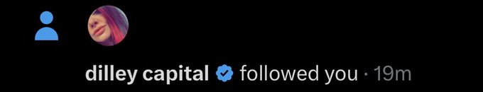 A screenshot showing a notification from a verified account named 'dilley capital' that has followed the user, posted 19 minutes ago.