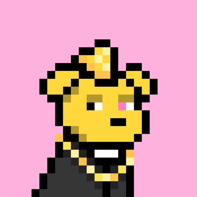A pixel art character with yellow spiky hair, wearing a black outfit and gold chain, on a pink background.