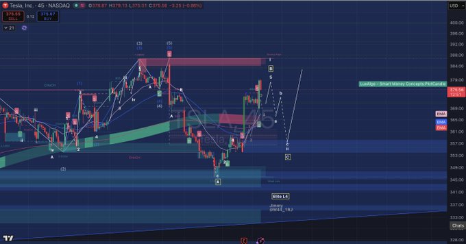 A TradingView chart of Tesla (TSLA) on the 45-minute NASDAQ timeframe shows price action around $375.87 with a downtrend of -0.92%, overlaid with Elliott Wave labels, Fibonacci retracement levels (including "Weekly - Smart Money Concepts Fib Bundle" at $376.58), and an "Elite LS" indicator box. The image supports the poster's commentary about providing free technical analysis on TSLA, highlighting their frustration at receiving no engagement despite sharing detailed charting work.
