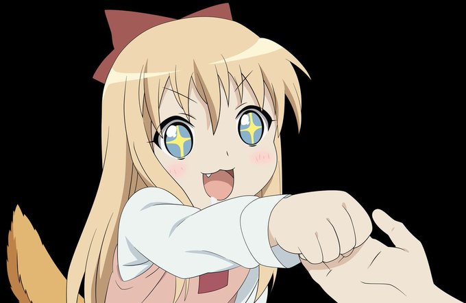 An anime-style illustration of a blonde girl with a red bow, wide sparkling eyes, and dog ears, smiling enthusiastically while grabbing or fist-bumping with a hand reaching in from the right side against a black background.
