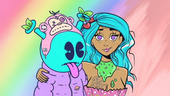 A colorful digital illustration of a blue-haired anime-style girl with cherries in her hair embracing a character wearing a pink bear costume with a teal skull-like face, against a rainbow gradient background.