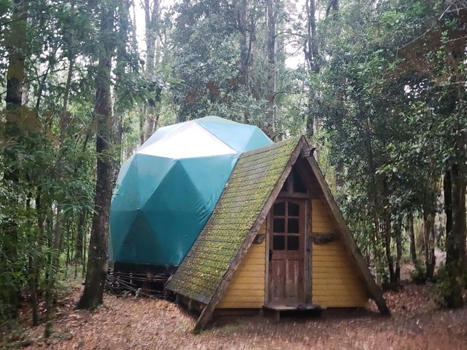 A triangular A-frame cabin with a mossy roof sits in a forest beside a large turquoise geodesic dome structure.