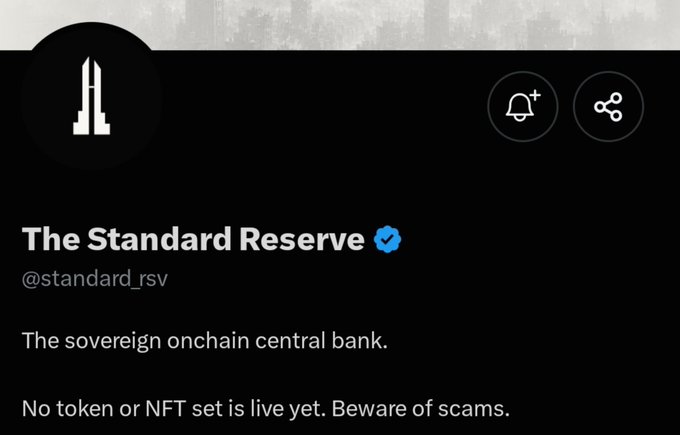 A Twitter/X profile page for **The Standard Reserve (@standard_rsv)** describing itself as "The sovereign onchain central bank," with a warning that no token or NFT set is live yet. The post introduces $STANDARD as an Ethereum-based project by @0xBeans, featuring a free mint with a supply of 1,000 and a max token supply of 1B, aimed at building an automated on-chain bank via smart contracts.