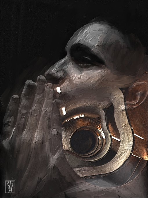 A dark, stylized digital painting depicting a face merged with mechanical elements, featuring a large central eye and a hand pressed against the figure's mouth.