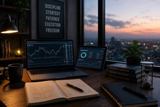 A dimly lit desk setup at dusk showing a laptop displaying trading charts, an open notebook, a stack of books including 'Technical Analysis', 'Market Wizards', and 'Trading in the Zone', with a motivational framed poster listing 'DISCIPLINE, STRATEGY, PATIENCE, EXECUTION, FREEDOM'.
