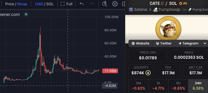 A cryptocurrency trading chart displays the $CATE token (ticker CATE/SOL #6) on the Solana network via PumpSwap/Pump.fun, showing a current price of $0.01789 with a market cap of $17.1M, liquidity of $874K, and 24-hour performance of +6.38% despite recent 1-hour and 6-hour declines of -4.71% and -8.65%. The price action illustrates the volatile run-up and subsequent consolidation that the post references as evidence of continued community strength and sustained trading volume supporting $CATE.