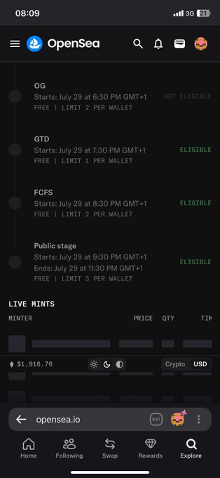A mobile screenshot of the OpenSea app showing mint schedule details with eligibility statuses for OG (NOT ELIGIBLE), GTD, FCFS, and Public stages, with an account balance of $1,916.76.