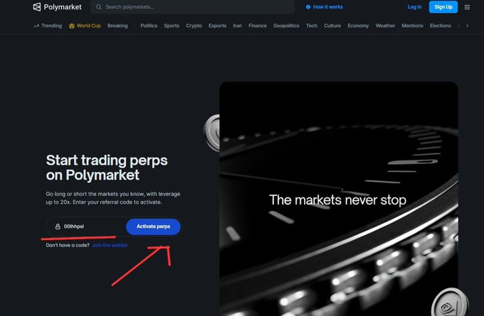 Screenshot of Polymarket's homepage promoting perpetual trading, with an arrow pointing to the 'Activate perps' button next to a referral code entry field, beside the tagline 'The markets never stop'.