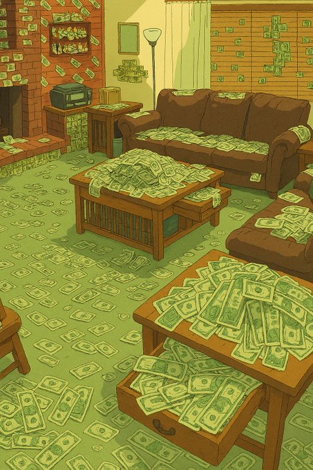 An illustrated room filled with money scattered across the floor, furniture, fireplace, and walls. The artwork features brown sofas, a coffee table, and tables covered with stacks and piles of green dollar bills.