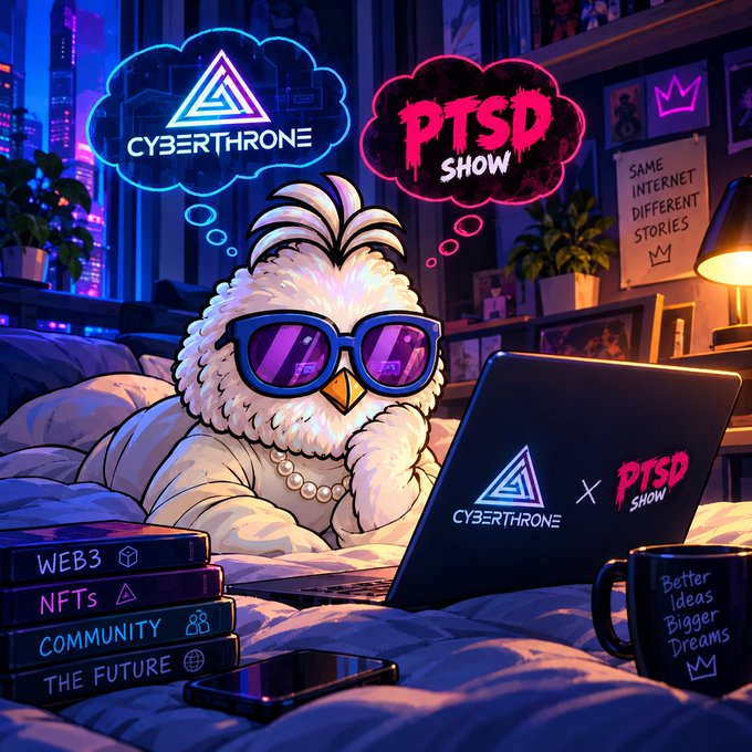 An illustrated promotional image for 'Cyberthrone x PTSD Show' showing a stylized bird character wearing sunglasses working on a laptop, with thought bubbles displaying the show logos.