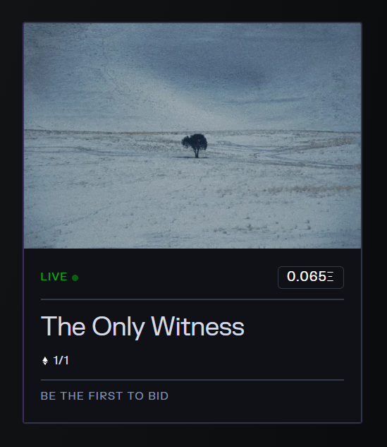A digital auction interface displaying a minimalist painting of a lone tree in a snowy landscape titled 'The Only Witness', with a live bid of 0.065 ETH and a '1/1' edition marker.