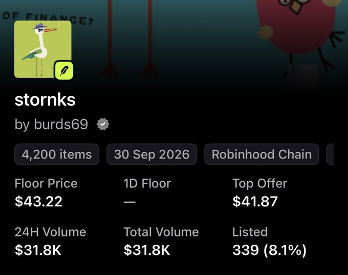 An NFT collection page on Robinhood Chain titled 'stornks' by burds69, featuring a cartoon stork, with 4,200 items, a floor price of $43.22, and 24H volume of $31.8K.