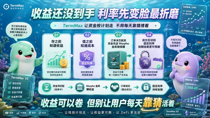 A TermMax promotional infographic featuring cartoon mascots and Chinese text about DeFi fixed-rate returns, highlighting locked-in yields and Morpho integration.