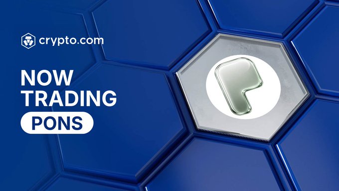 A Crypto.com promotional graphic with a blue hexagonal background announces that "$PONS" is "NOW TRADING," featuring the Pons logo in a silver hexagon at the center, aligning with the announcement of the token's availability on the Crypto.com App.