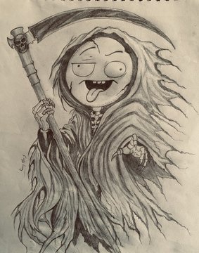 A pencil sketch of a cartoonish grim reaper character with a wide-eyed, smiling expression, holding a scythe and wearing a tattered hooded robe.