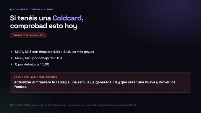 A dark-themed informational graphic in Spanish about 'Coldcard' (a crypto hardware wallet), warning about firmware vulnerabilities for Mk2/Mk3, Mk4/Mk5, and Q models, with a red highlighted note.