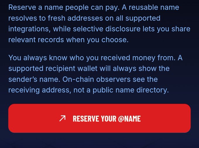 A dark blue promotional screen with text about reserving a name for payments, featuring a red button that reads "↗ RESERVE YOUR @NAME".