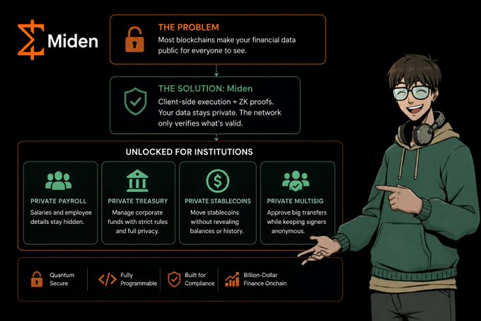 The image shows a poster or infographic about Miden, which is an online platform for managing finances. The poster highlights that most blockchains make financial data public, posing a problem for companies who need to keep sensitive information private. It emphasizes the importance of using client-side execution and ZK technology to ensure privacy and security in financial transactions.