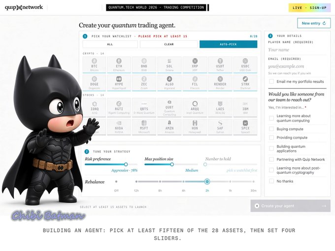 A "Chibi Batman" mascot sits beside Qulp Network's "Quantum Trading Competition" agent builder interface, which displays 28 selectable crypto (BTC, ETH, BNB, SOL, XRP, USDT, USDC, DOGE, HYPE, ZEC, ALGO, FIL, RENDER, STRK) and stock (IONQ, RGTI, QBTS, QUBT, ARQQ, LAES, IBM, NVDA, MSFT, AMZN, HON, SAP, SPCX) tickers along with risk preference, max position size, number to hold, and rebalance strategy sliders. The image illustrates the portfolio-creation step referenced in the post, where visitors handpicked assets from a 28-asset mix of crypto and stocks to generate 1,930 head-to-head problems run on both quantum and classical solvers.