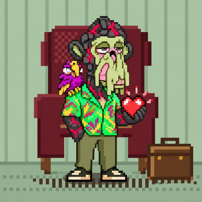 A pixel art illustration of a green-skinned zombie-like character with tentacle hair wearing a colorful Hawaiian shirt, holding a heart while a parrot sits on his shoulder, next to a brown briefcase.