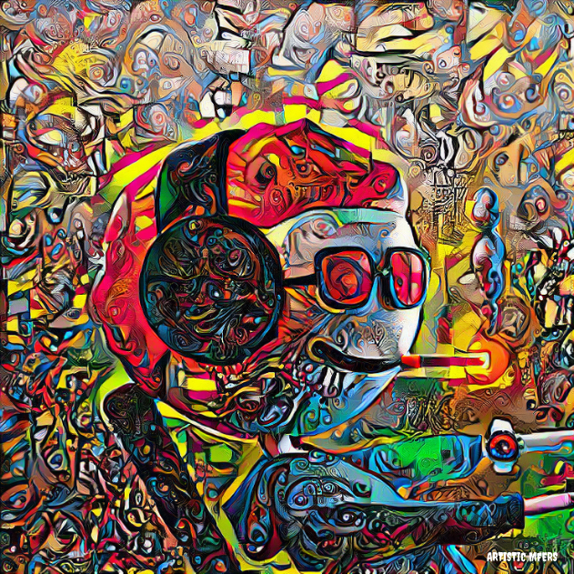 A vibrant, psychedelic digital illustration by ARTISTIC-MYERS showing a character with sunglasses and headphones surrounded by swirling, colorful abstract patterns and shapes.