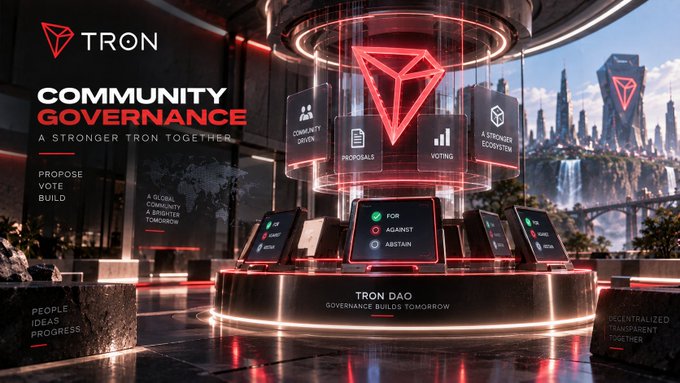 A promotional graphic for TRON Community Governance with the tagline 'A Stronger TRON Together,' highlighting proposals, voting, and TRON DAO governance on futuristic tablets.