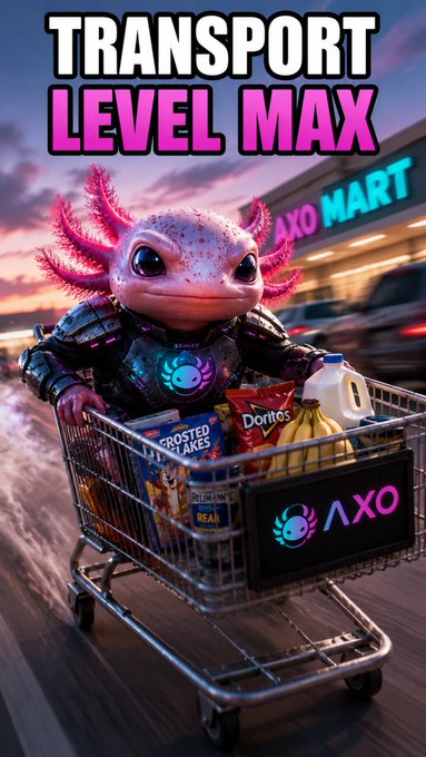 A stylized pink axolotl wearing futuristic armor pushes a shopping cart full of groceries, including Frosted Flakes, Doritos, and bananas, in front of an 'AXO MART' with 'TRANSPORT LEVEL MAX' displayed at the top.