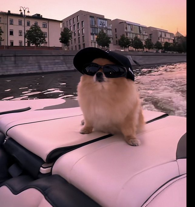 A fluffy Pomeranian dog wearing a black cap and sunglasses poses on a pink and white boat seat at sunset, embodying the post's boast of effortless gains by looking like the ultimate "boss" ready to receive drops from fans. The image's luxurious, flashy vibe visually reinforces the post's confident tone about making easy money from "randoms."