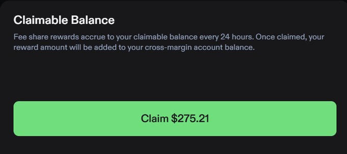A digital interface displaying a "Claimable Balance" notification with a green button to "Claim $275.21" in USDC fee share rewards, related to the user's day 14 of collecting trading rewards on Phoenix.