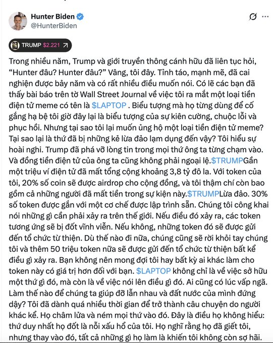 A tweet from Hunter Biden (@HunterBiden) written in Vietnamese, discussing Trump and cryptocurrency tokens $LAPTOP and $TRUMP.