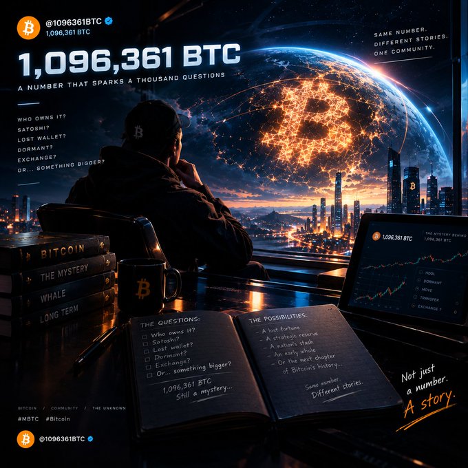 Artistic graphic centered on the BTC wallet '1,096,361 BTC' (associated with @1096361BTC), depicting a figure looking at a Bitcoin-emblazoned Earth with the tagline 'Not just a number. A story.' and mystery-themed text.