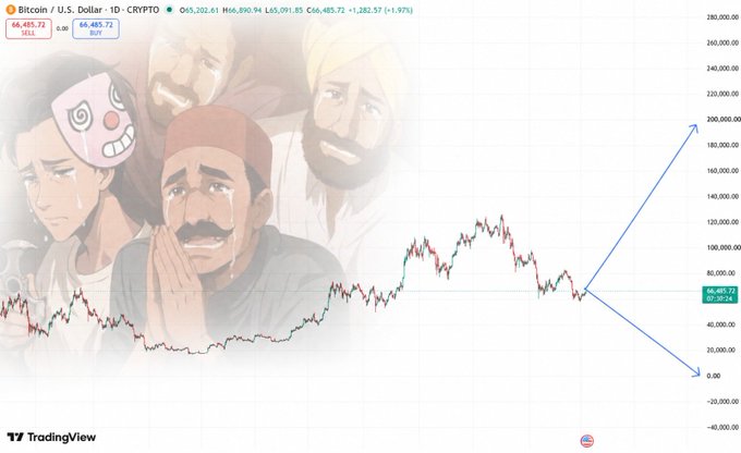 A TradingView Bitcoin/USD chart showing price at 66,485.72 with anime-style illustrated characters (including Tony Tony Chopper) superimposed over candlestick price action, suggesting a speculative price outlook.