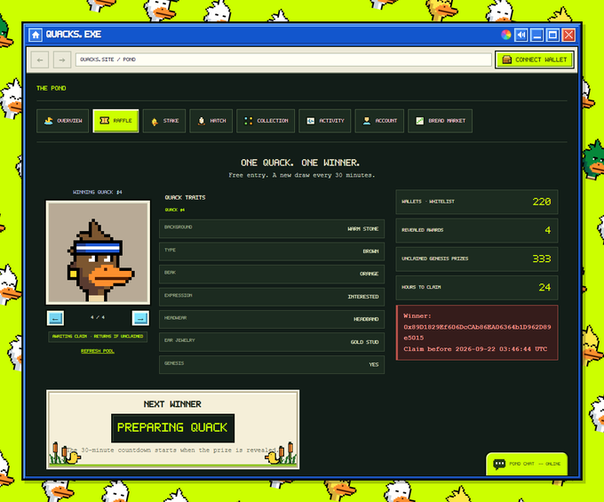 A screenshot of the Quirks.Exe NFT project website showing details for Quirks #4, an ONEFIRM trait, with statistics like 220 wallets, 333 unredeemed Genesis Passes, and a countdown to reveal.