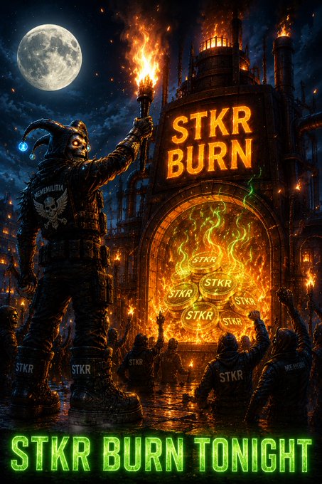 A fiery promotional poster reading 'STKR BURN TONIGHT' at the bottom, featuring a horned figure holding a torch beside a castle-like structure labeled 'STKR BURN' surrounded by flames, coins marked 'STKR', and a crowd below, with a full moon overhead.