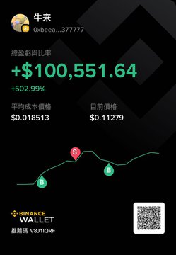 The image displays a Binance Wallet promotional graphic for the meme token "牛来" (Oxbee...377777), showing a portfolio return of +$100,551.64 (+502.99%) with an average entry price of $0.018513 and a current price of $0.11279, accompanied by a BSC wallet address and QR code—visually backing the post's claim of being Binance's #1 Chinese animal meme coin on BSC with near $1000 dividend payouts.