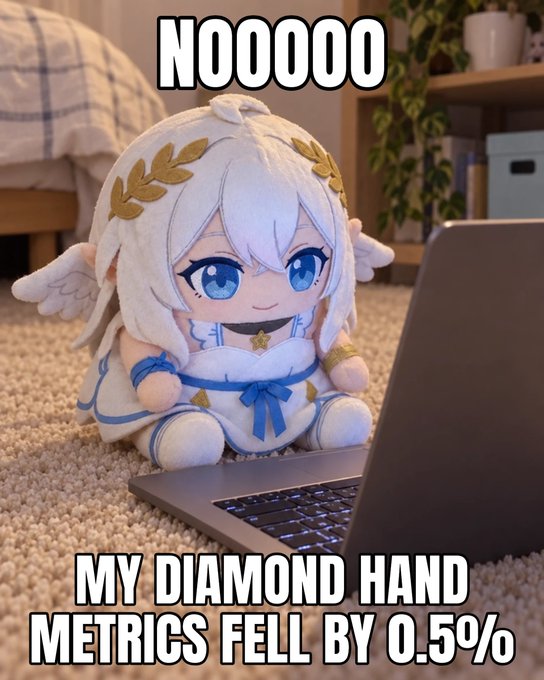 A chibi plush figure with white hair and a laurel wreath sits in front of a laptop, with meme text reading "NOOOO" at the top and "MY DIAMOND HAND METRICS FELL BY 0.5%" at the bottom. The image humorously reinforces the post's point that posting metrics is treated like lewd content under the "no chart" rule, dramatizing how even a tiny 0.5% dip in diamond hand metrics is treated as catastrophic.