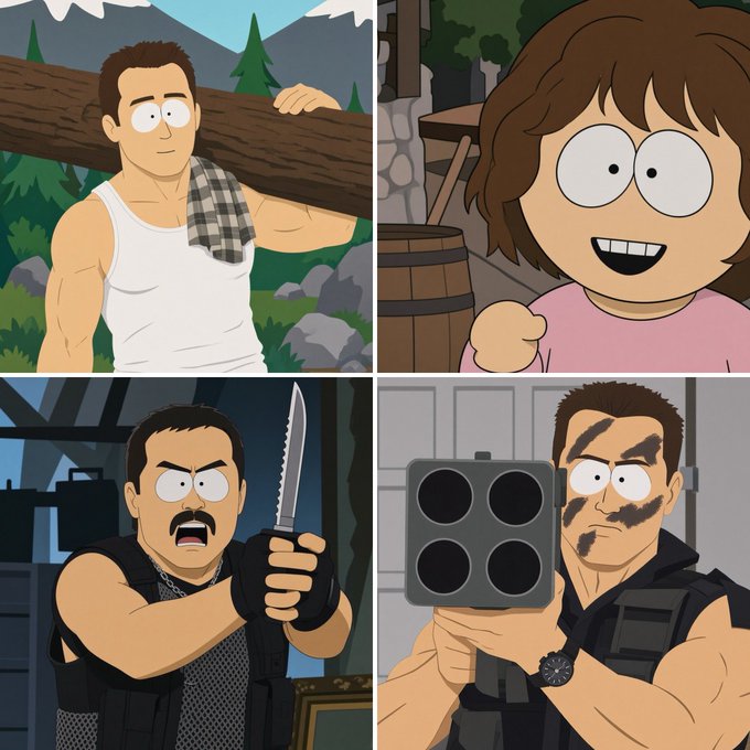 Four-panel illustration of muscular South Park characters (Cartman, a young boy, and two action-hero versions of characters) in various rugged poses, including one carrying a log and another wielding a knife and gun.