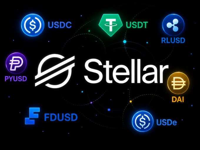 The image showcases the Stellar logo centered against a dark cosmic background, surrounded by logos of major stablecoins supported on its network, including USDC, USDT, RLUSD, PYUSD, DAI, USDe, and FDUSD, visually reinforcing the post's message of growing stablecoin adoption and rising transfer volume on the $XLM network.