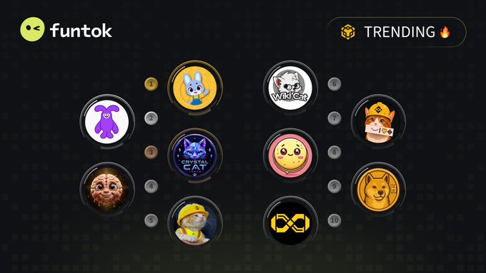 A screenshot of 'funtok' trending tokens showing various cat and animal-themed memecoins including Wiki Cat, Crystal Cat, and others with numerical rankings.