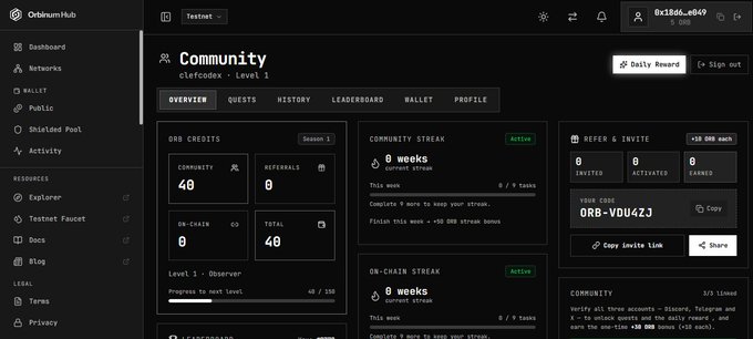 A screenshot of the Orbixium Hub Community dashboard showing ORB credits, quests, and a referral code 'ORB-VDU42J'.