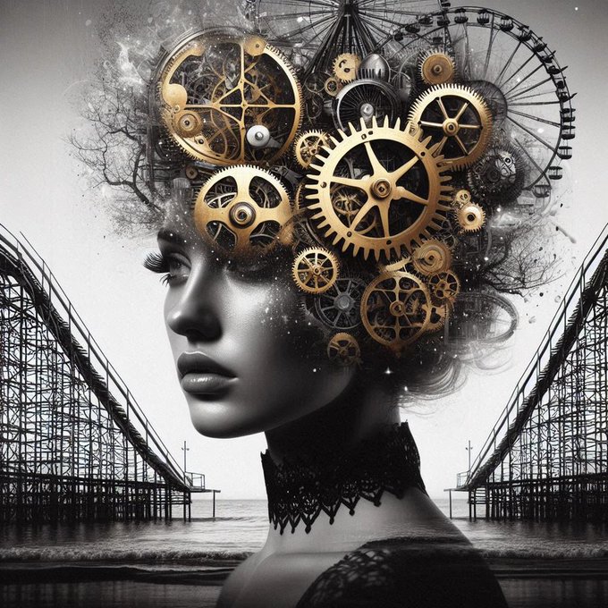 A surreal black and white digital artwork of a woman's profile with her hair transformed into an intricate arrangement of golden gears and clock mechanisms, set against a pier background.