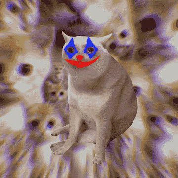 A surreal, psychedelic image of a white cat with clown-like face paint (blue diamond around the eyes, red nose and smile), set against a distorted, melting background of repeating cat faces in purple and gold tones.