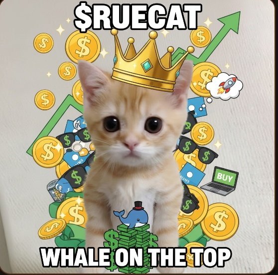 Crypto meme featuring an orange kitten wearing a golden crown, surrounded by coins and dollar signs, with text '$RUECAT' and 'WHALE ON THE TOP'.