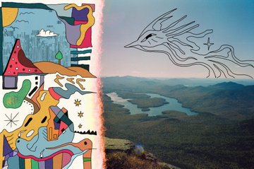 A vibrant abstract painting on the left, featuring colorful geometric and figurative elements, is displayed beside an aerial landscape photo of a winding river through mountains, with a delicate black line-drawing of a flying creature overlaid on the sky—teasing an upcoming 275-piece collaborative NFT drop launching on OpenSea on July 14th with artists @AlexKittoe and @tormius.